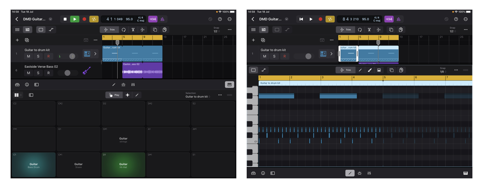 2 screenshots from Logic Pro for iPad, showing the Drum Machine Designer playable pads and editor.