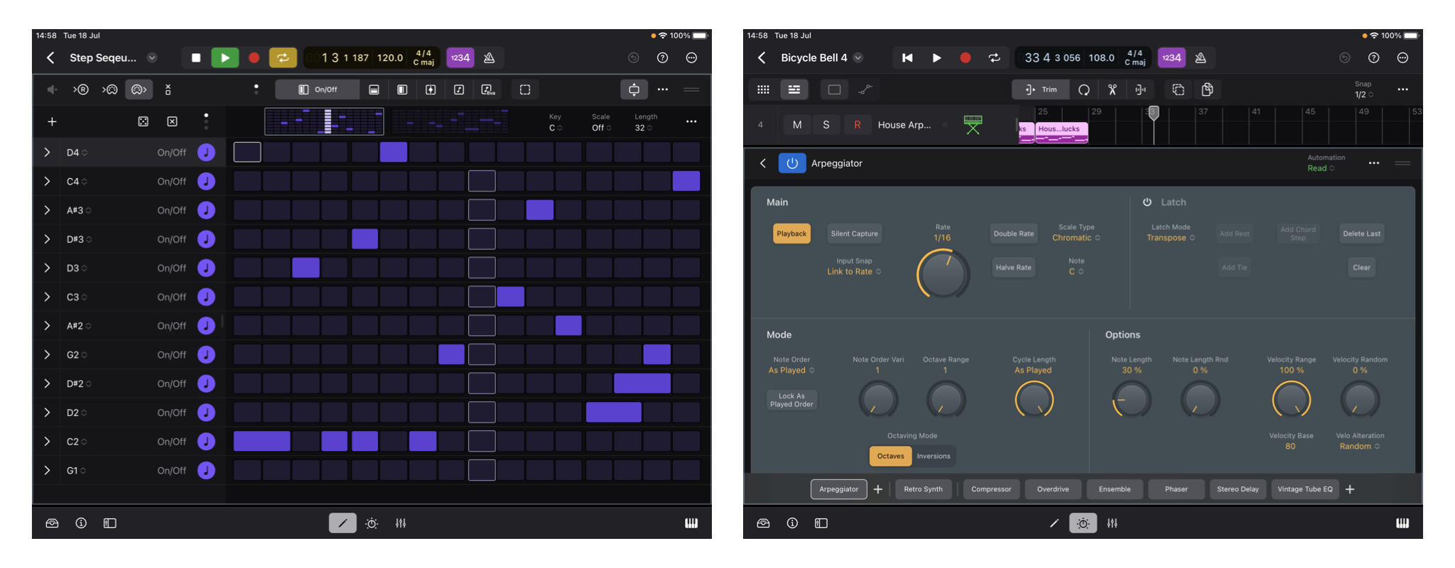 2 screenshots from Logic Pro for iPad. 1st - Step Sequencer UI, 2nd - Arpeggiator Interface.