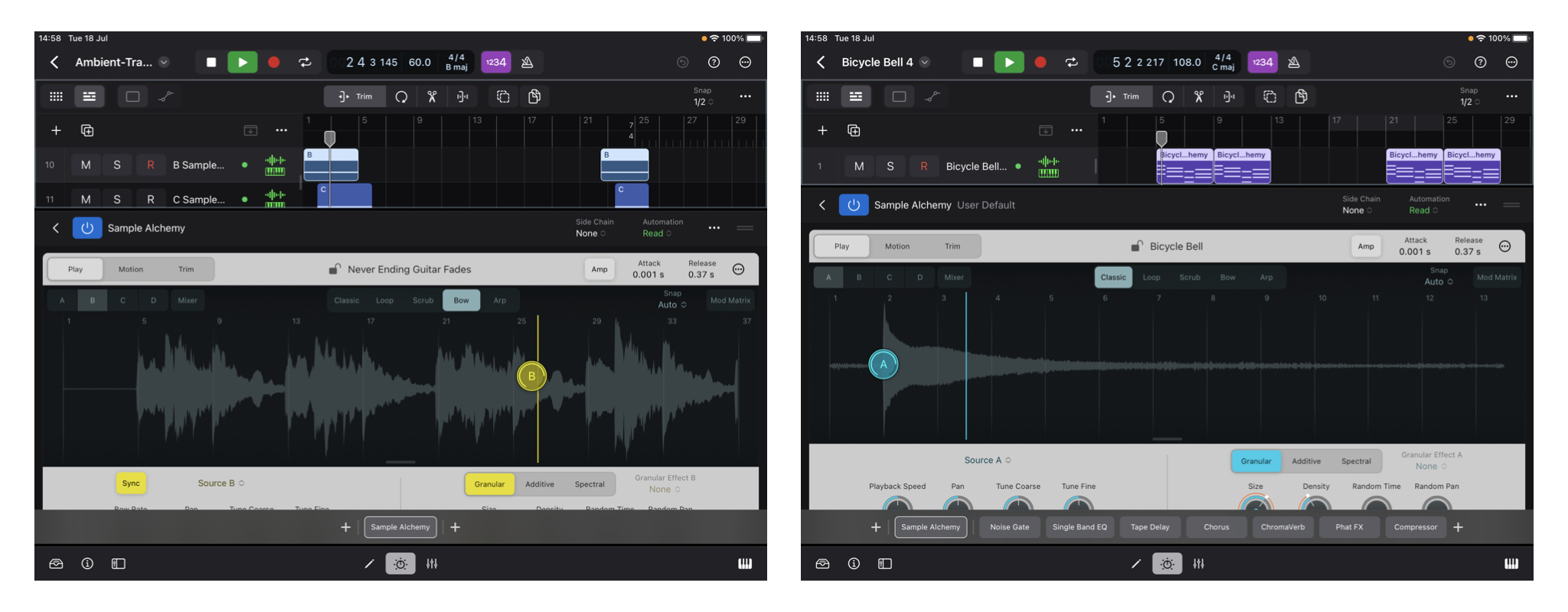 2 screenshots from Logic Pro for iPad, showing the Sample Alchemy UI in both.