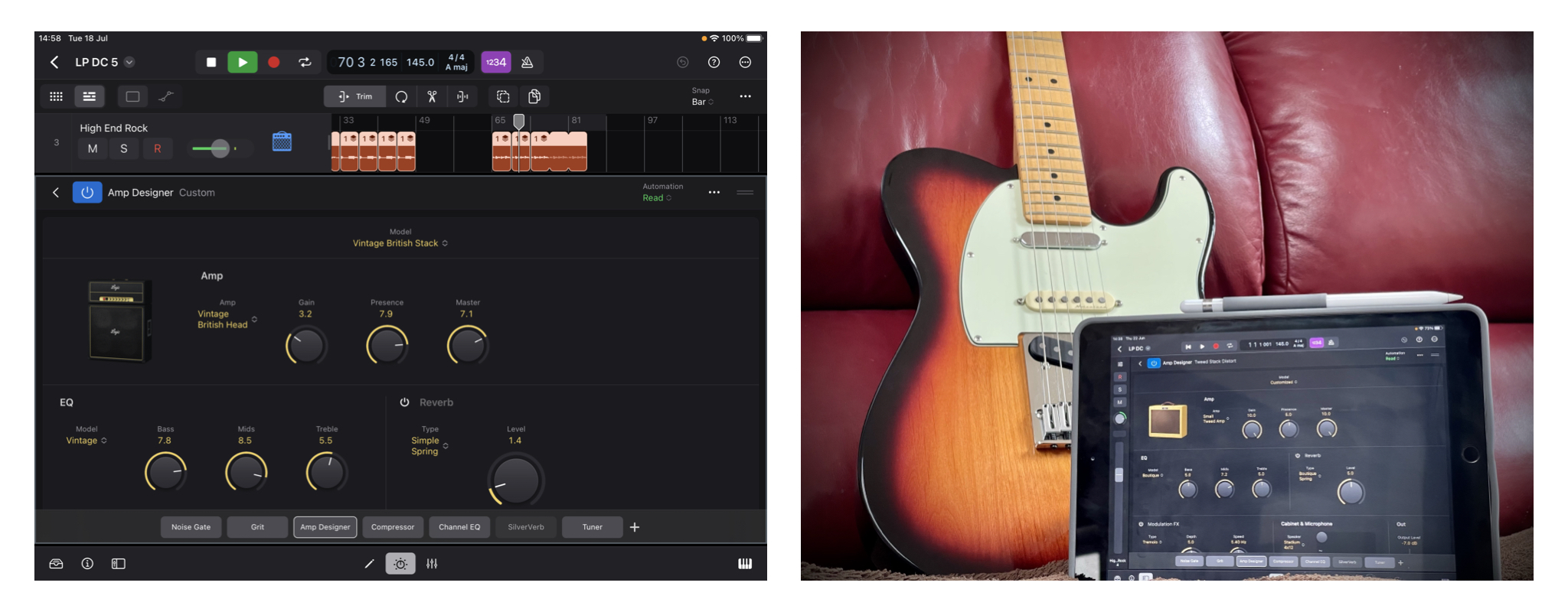2 images: 1st - Amp Designer UI screenshot from Logic Pro for iPad, 2nd - photo of a guitar and iPad with Logic Pro onscreen.