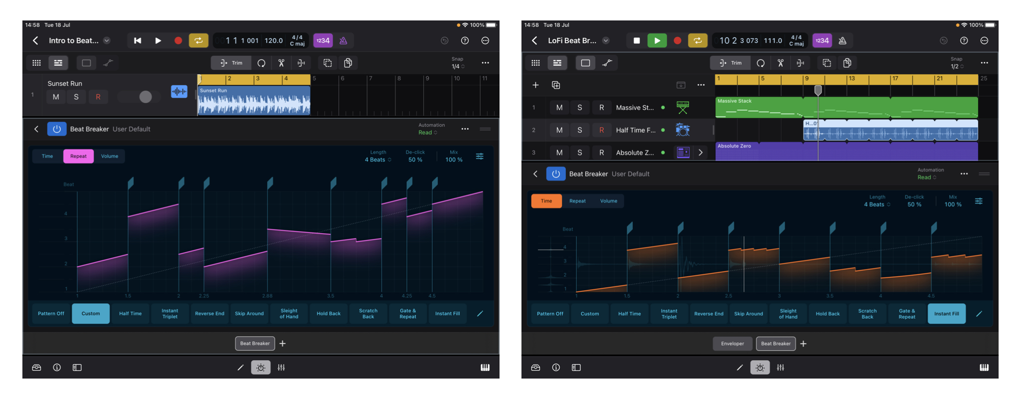 2 screenshots from Logic Pro for iPad, showing the Beat Breaker UI in both.