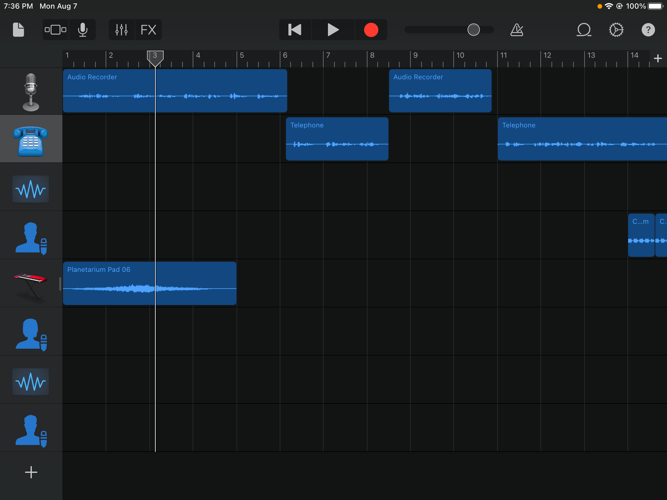 Screenshot of audio tracks with voice effects in Garageband