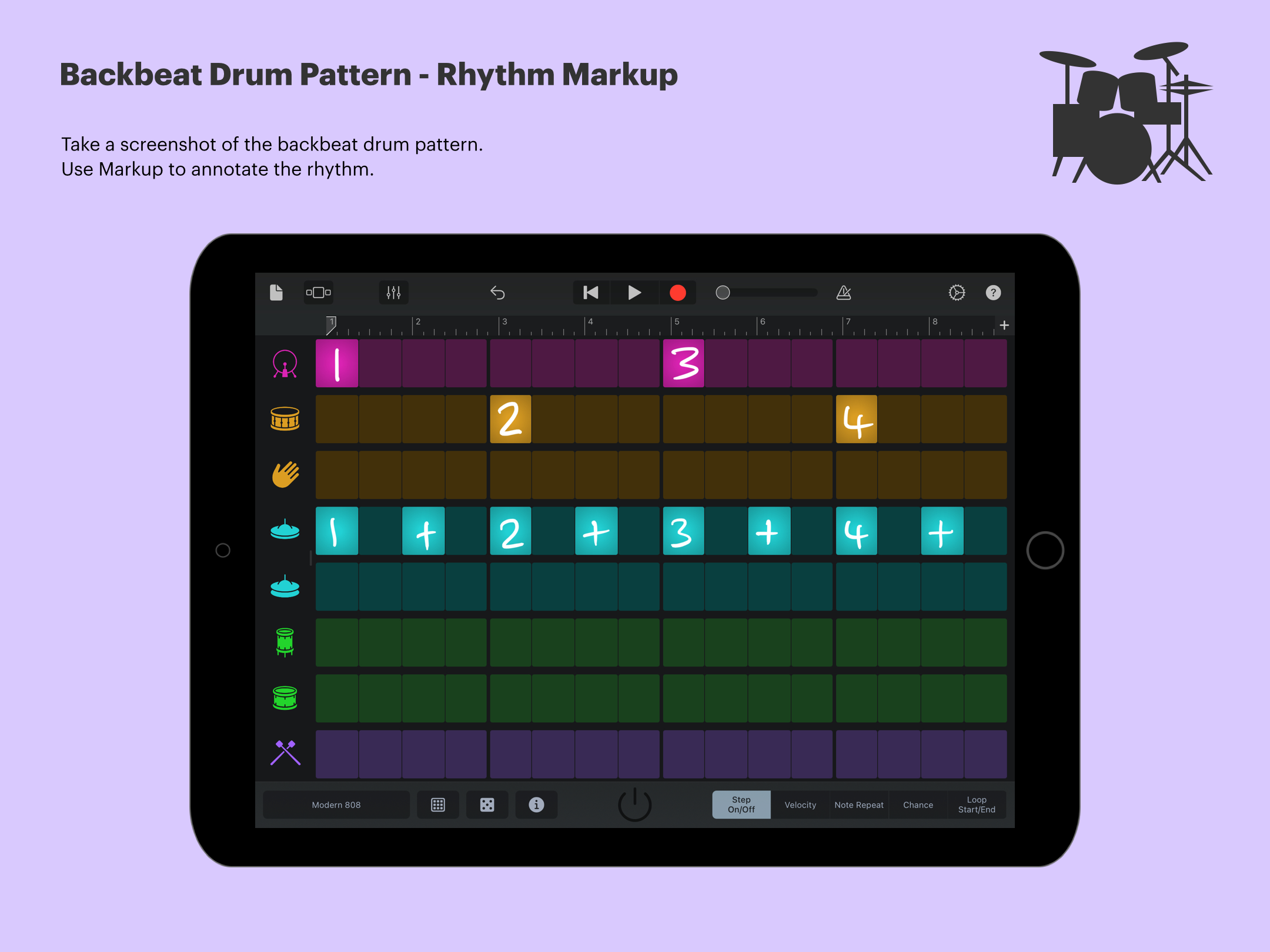 Screenshot from the Beat Sequencer in GarageBand. A backbeat drum pattern has been created, and annotated using Markup. 