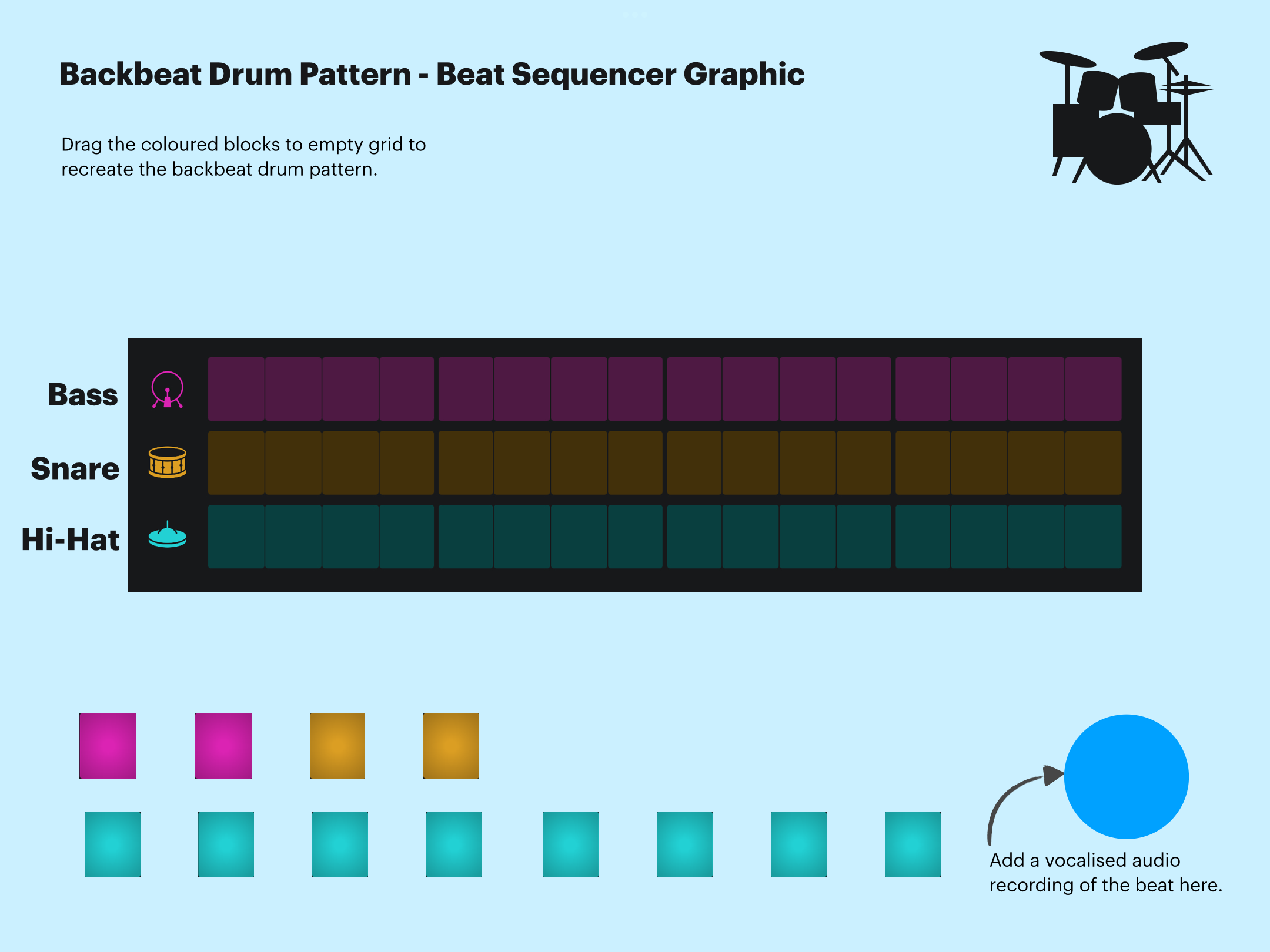 Screenshot from Backbeat Keynote journal. Coloured steps can be dragged to a drum grid to recreate a backbeat drum pattern. 