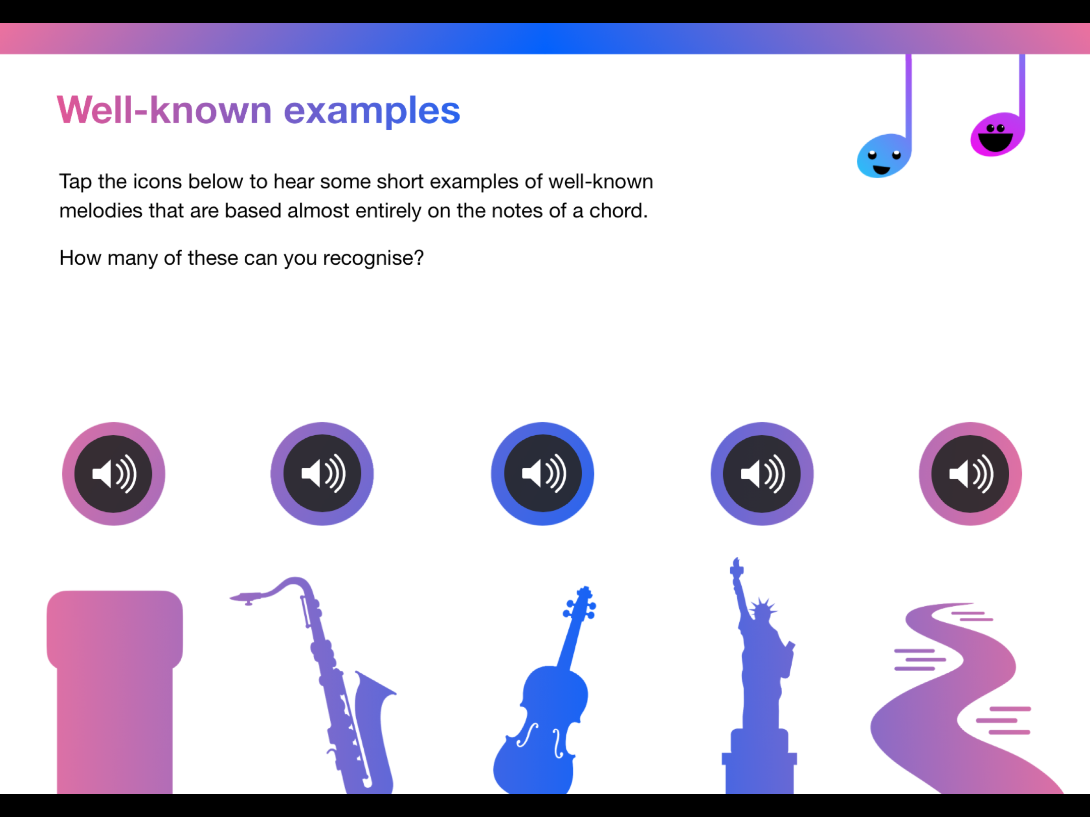 ‘Well-known examples’ page from Character Chords. Audio buttons allow the user to listen to famous chordal melodies.