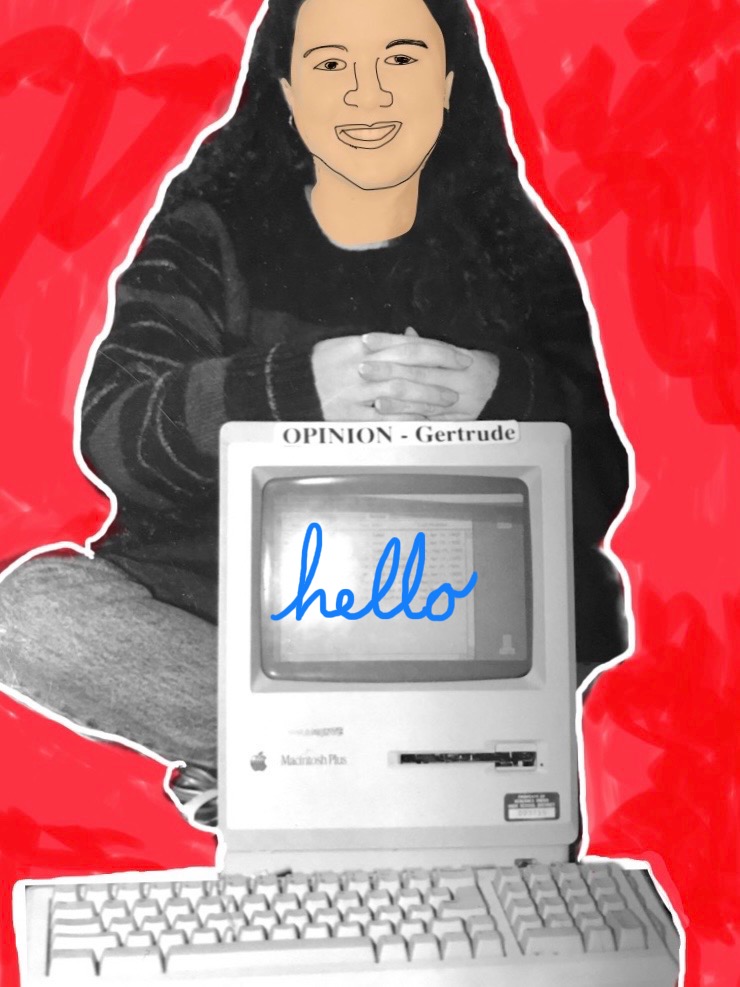 Pop art - a learner leans on an older Macintosh computer - back ground is red.