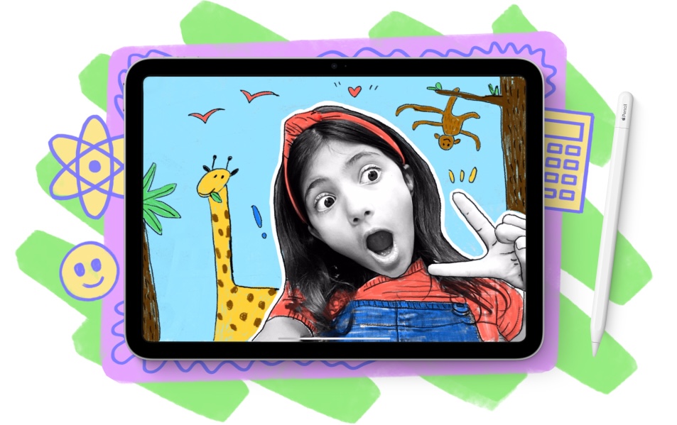 A selfie of an elementary girl framed on an iPad and turned into colorful pop art using Apple's Everyone Can Create resource.