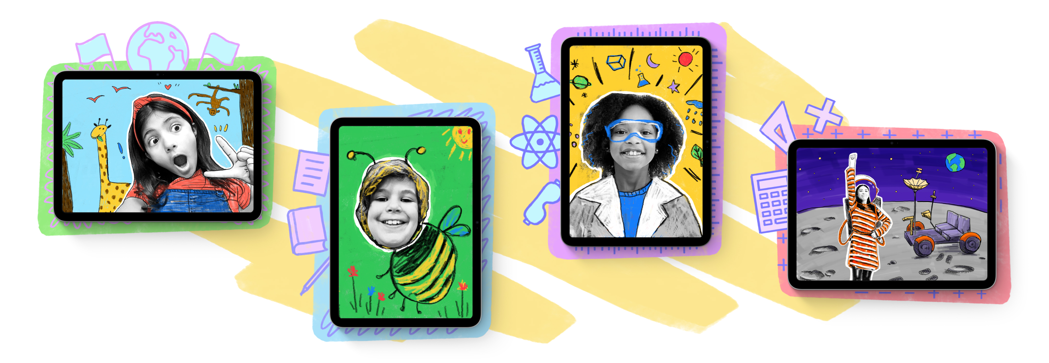A gallery of elementary children framed in iPad and turned into colorful pop art using Apple's Everyone Can Create resources.