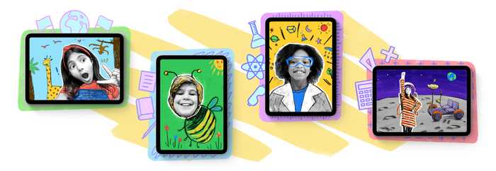 A gallery of elementary children framed in iPad and turned into colorful pop art using Apple's Everyone Can Create resources.