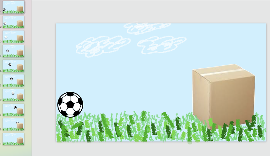 Keynote featuring soccer ball on the left, box on the left. Both items are positioned on grass. Thumbnails are on far left.