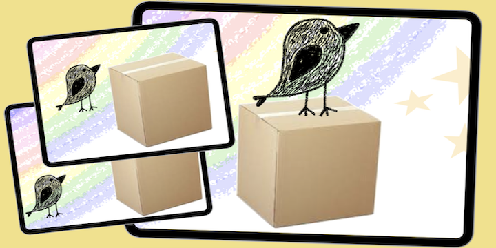 iPad with bird on top of a box. Two other iPads on the left, slanted, showing the progression.