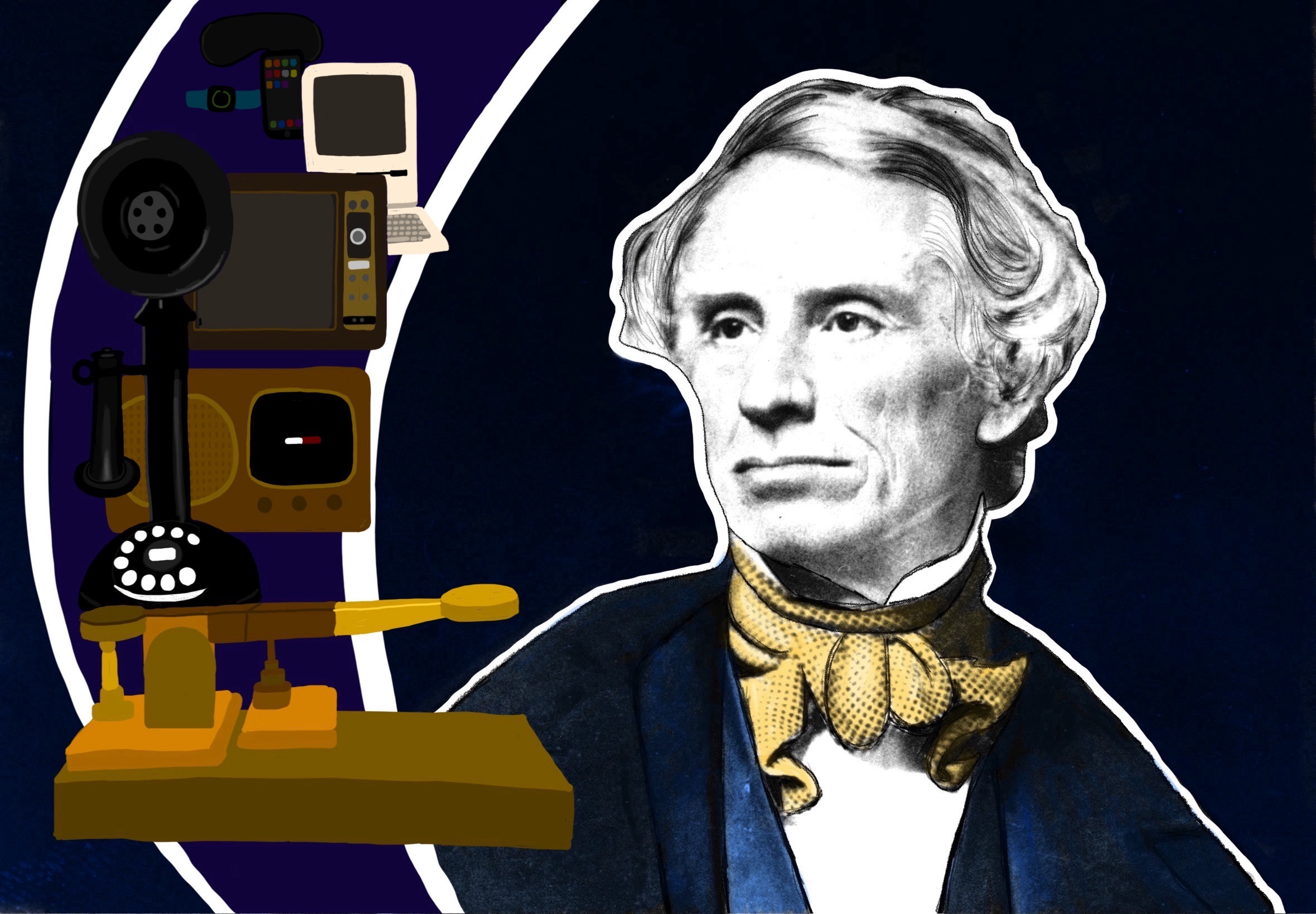 Image shows Samuel Morse with his invention, the telegraph, along with a phone, radio, television, computer, and more. 