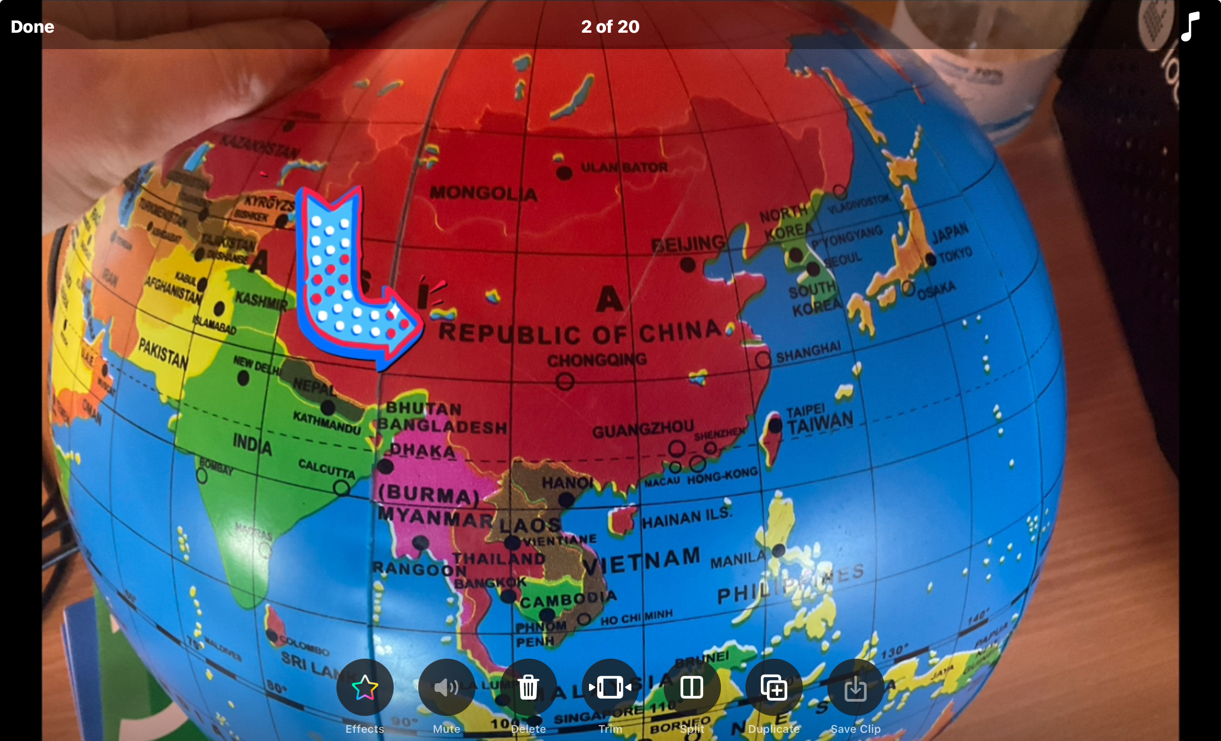 Screenshot from Clips showing China on a globe 