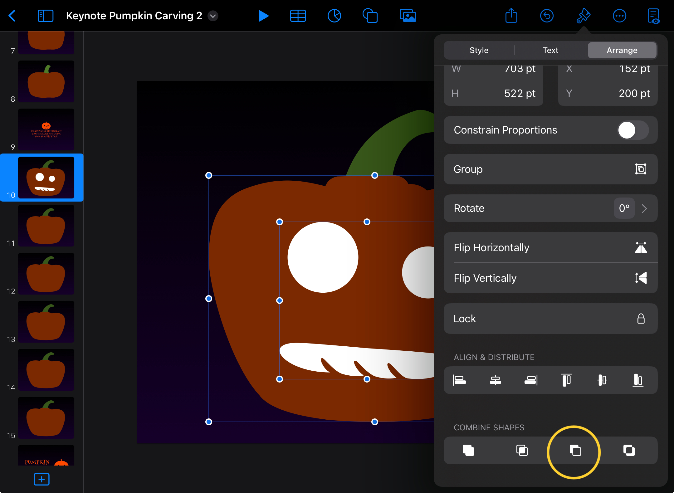 Screenshot of pumpkin carving activity with Keynote for iPad.The Arrange tab (Format Menu) shown with subtract highlighted. 
