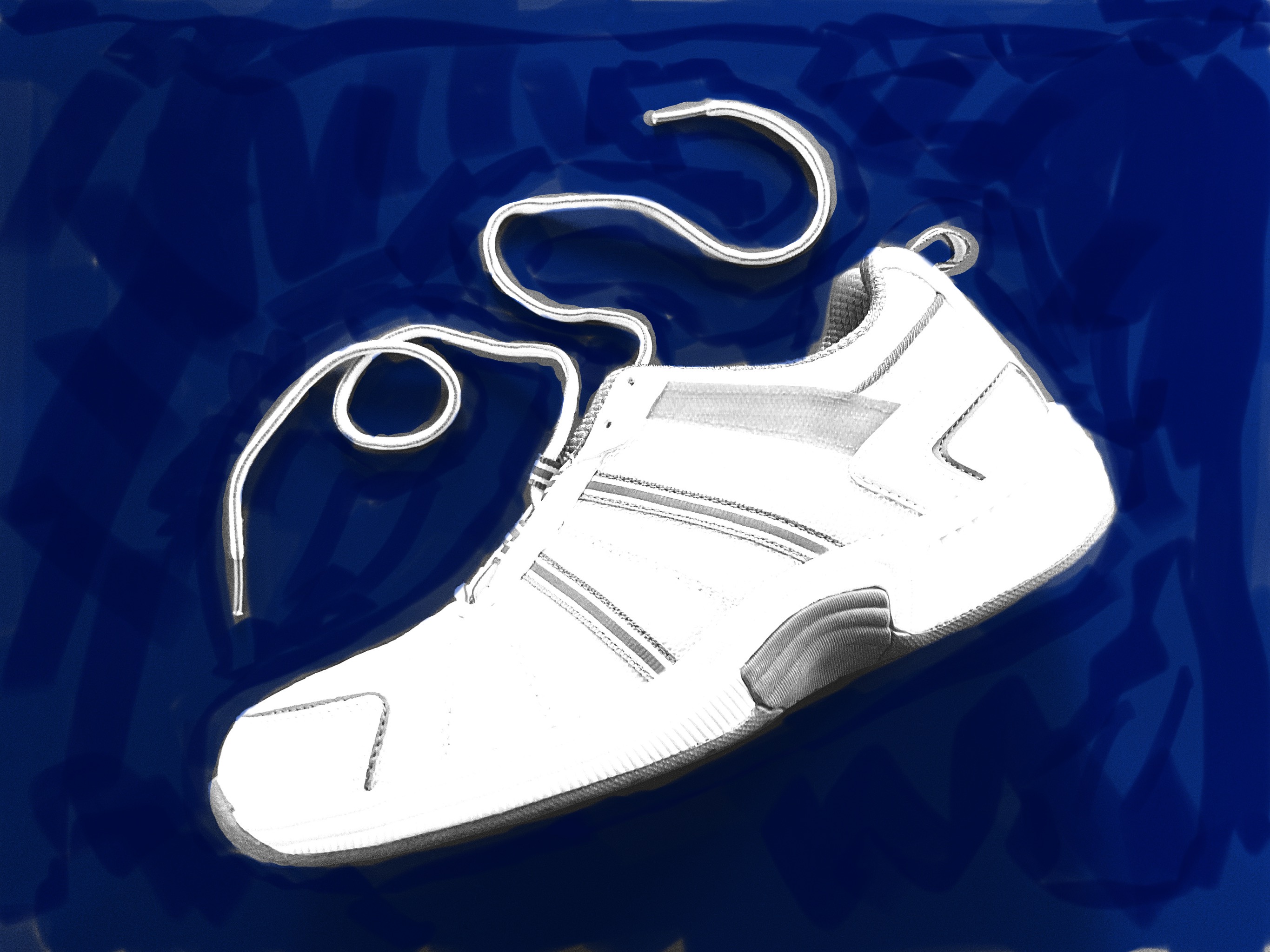 white athletic shoe against a background colored blue with marker