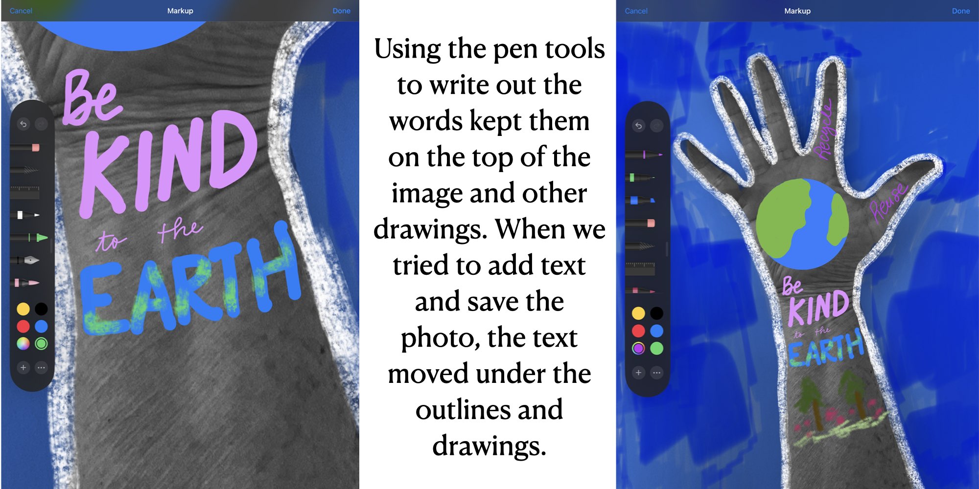 photo to show how to use the marker tool to zoom into the hand and write words about earth day