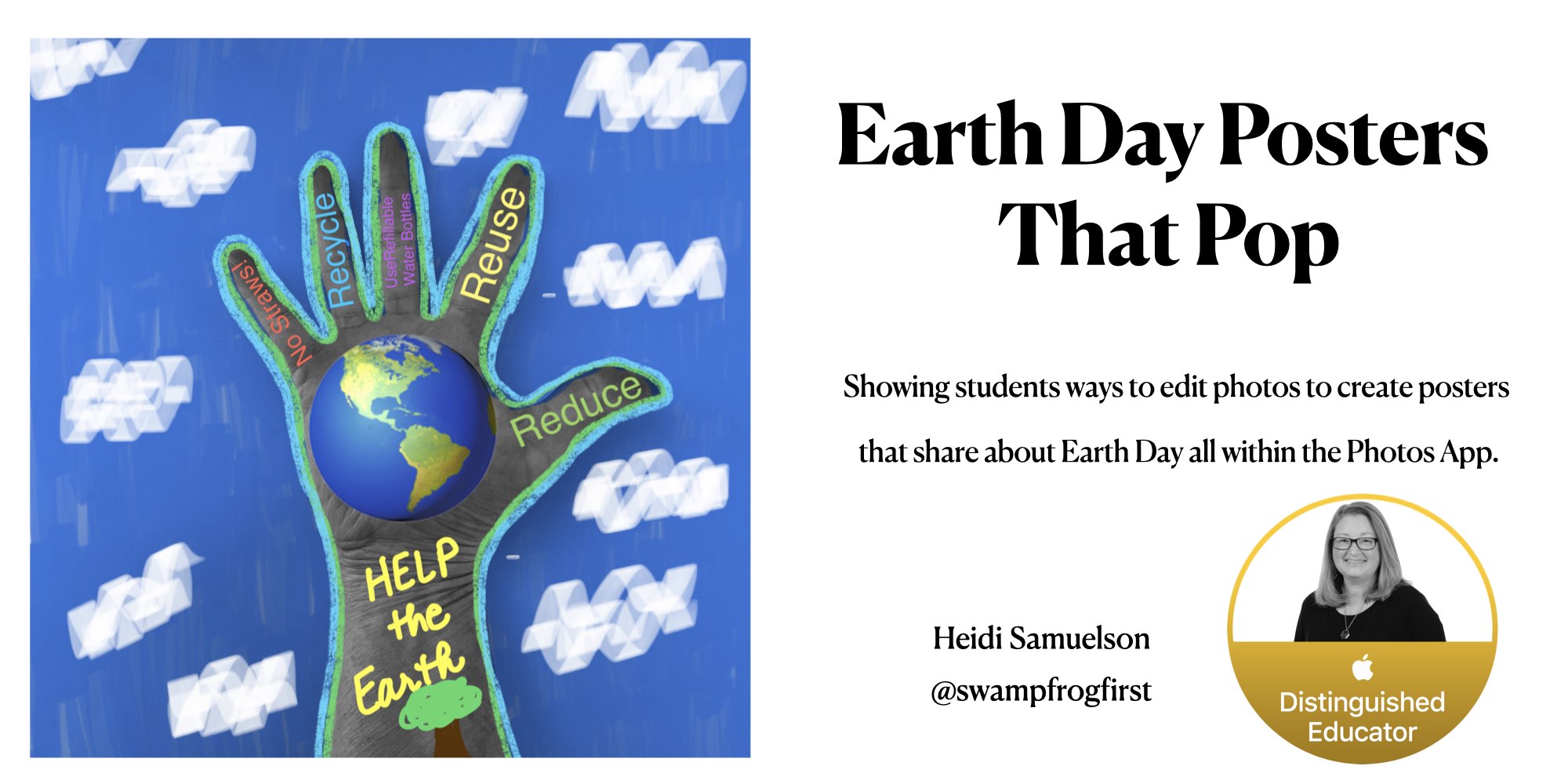 Photo of a hand holding a drawing of the earth with the sky drawn in with blue highlighter and words about earth day.