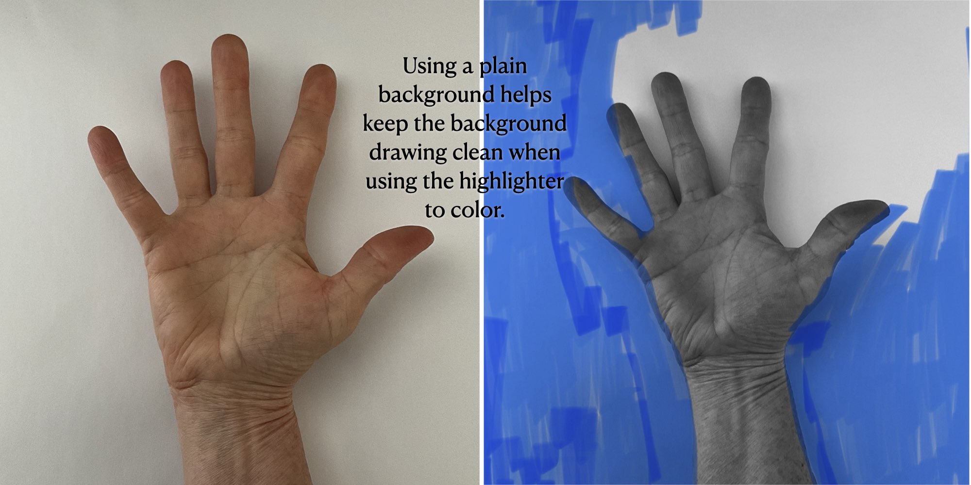 monotone photo of a hand and the beginning of a blue sky background drawn with a blue highlighter