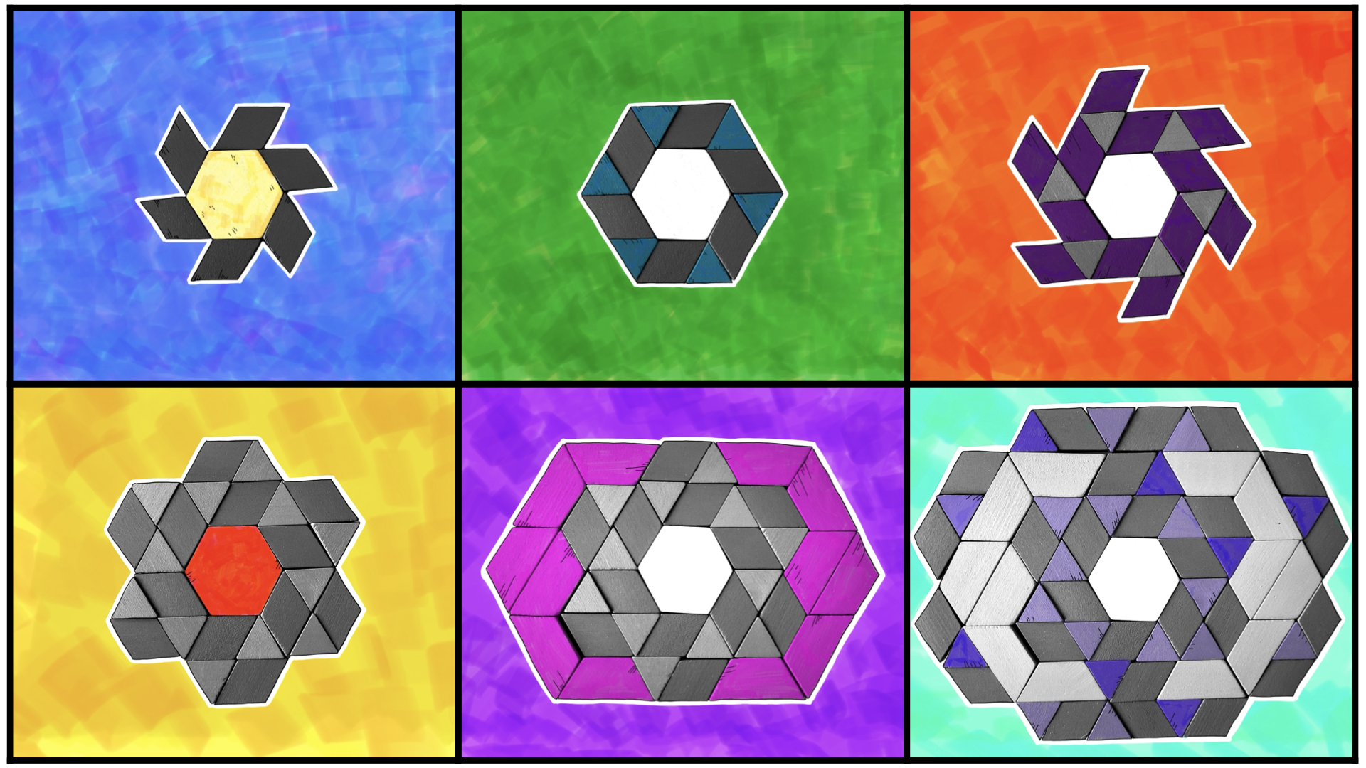 This is an image of 6 tessellations in the pop art style