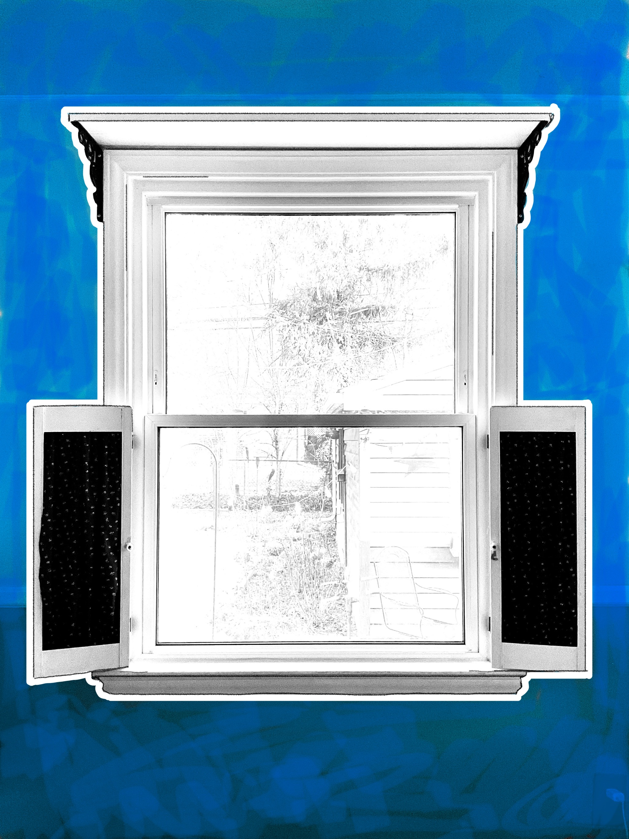 A black and white photo of a window, with a blue colored background
