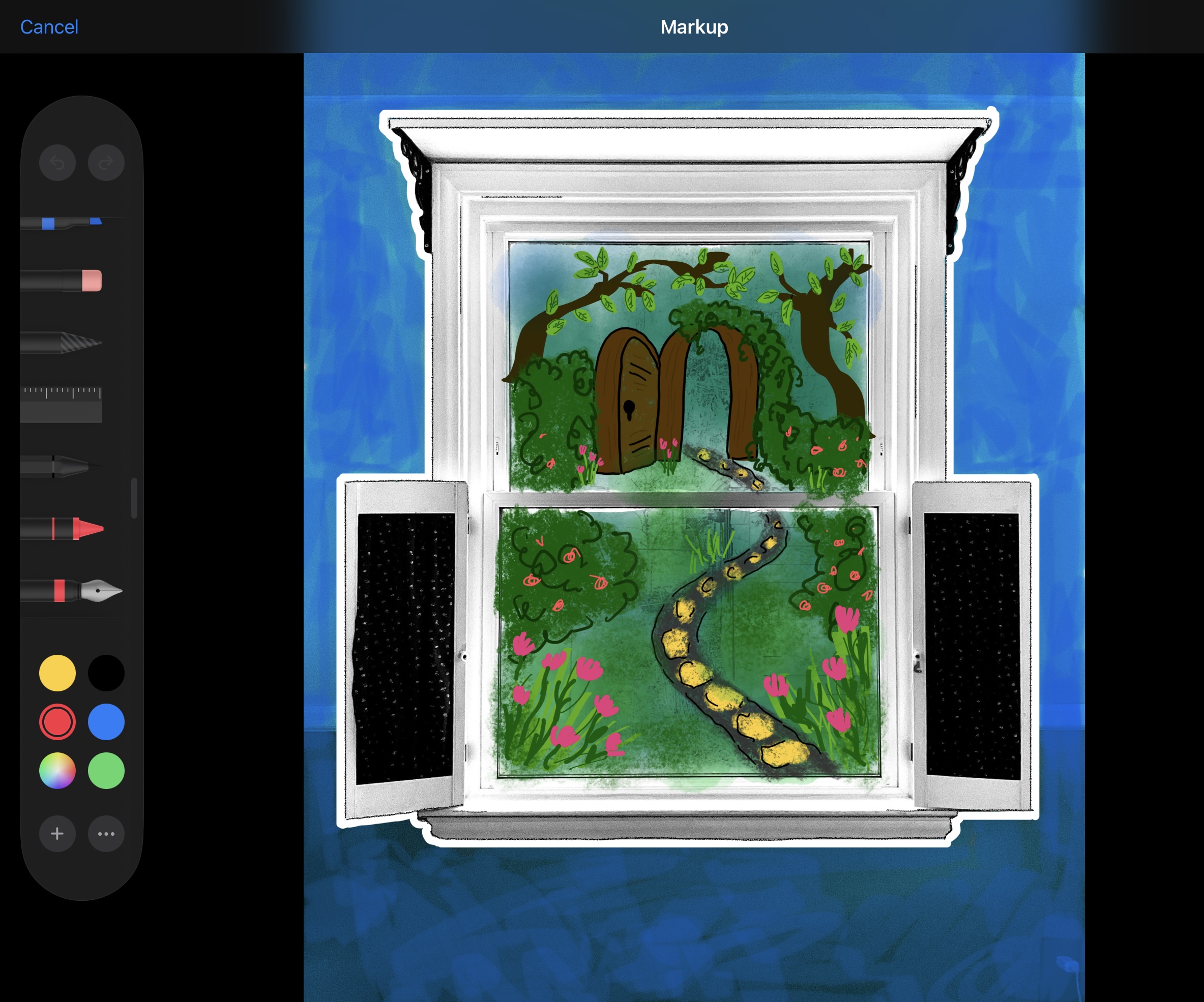 A photo of a window containing a drawing a garden. Markup drawing tools are on the left side of the image.