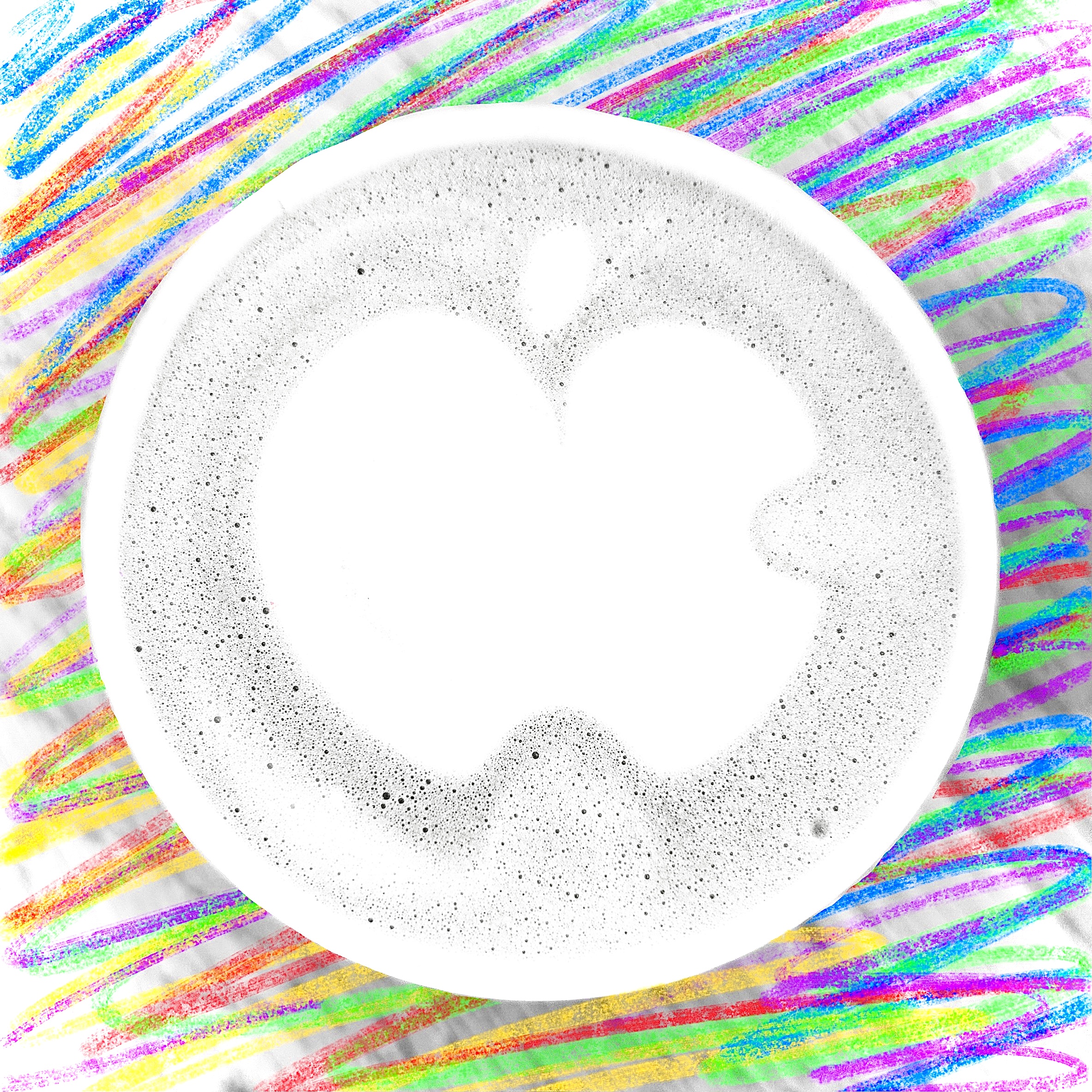 An overhead view of a latte with the Apple logo created with foam art. Image enhanced with colors and shapes.