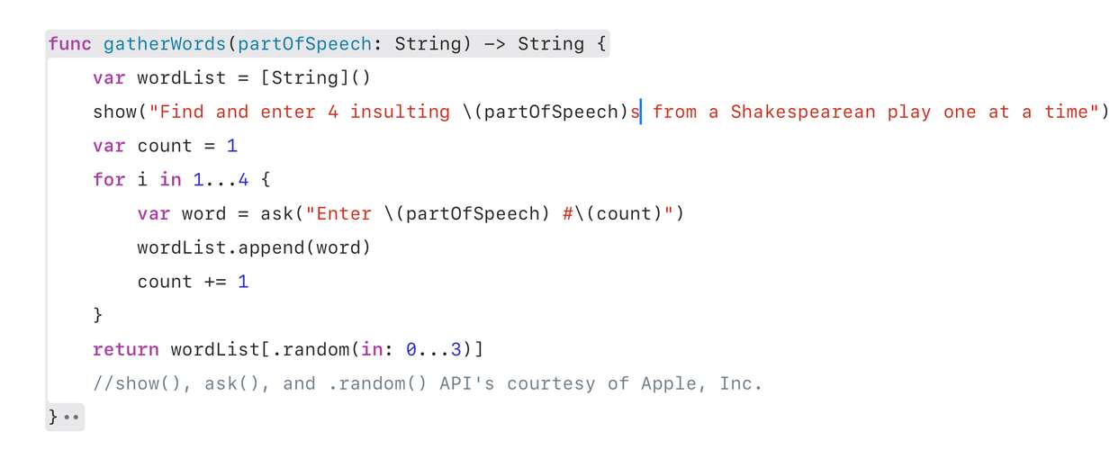 An image showing code and a function called gather words.