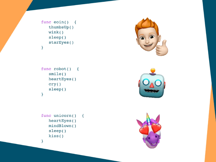 3 Animated Memoji GIFS — a man,  robot and a unicorn — with pseudocode commands matching each sticker.