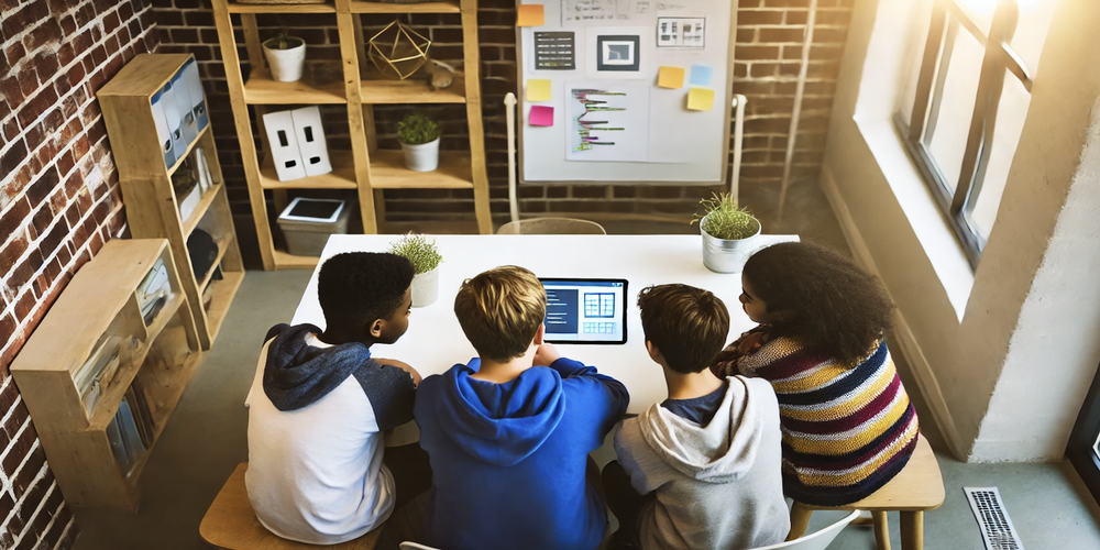 A study area with four high school-aged kids huddled around an iPad on a table working on building an App.