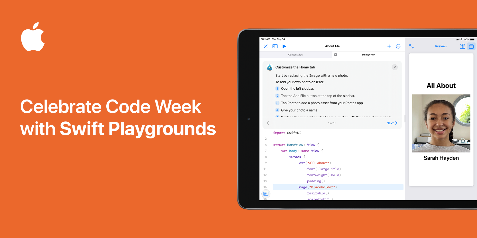 Celebrate Code Week with Swift Playgrounds banner with Swift Playground code on iPad.