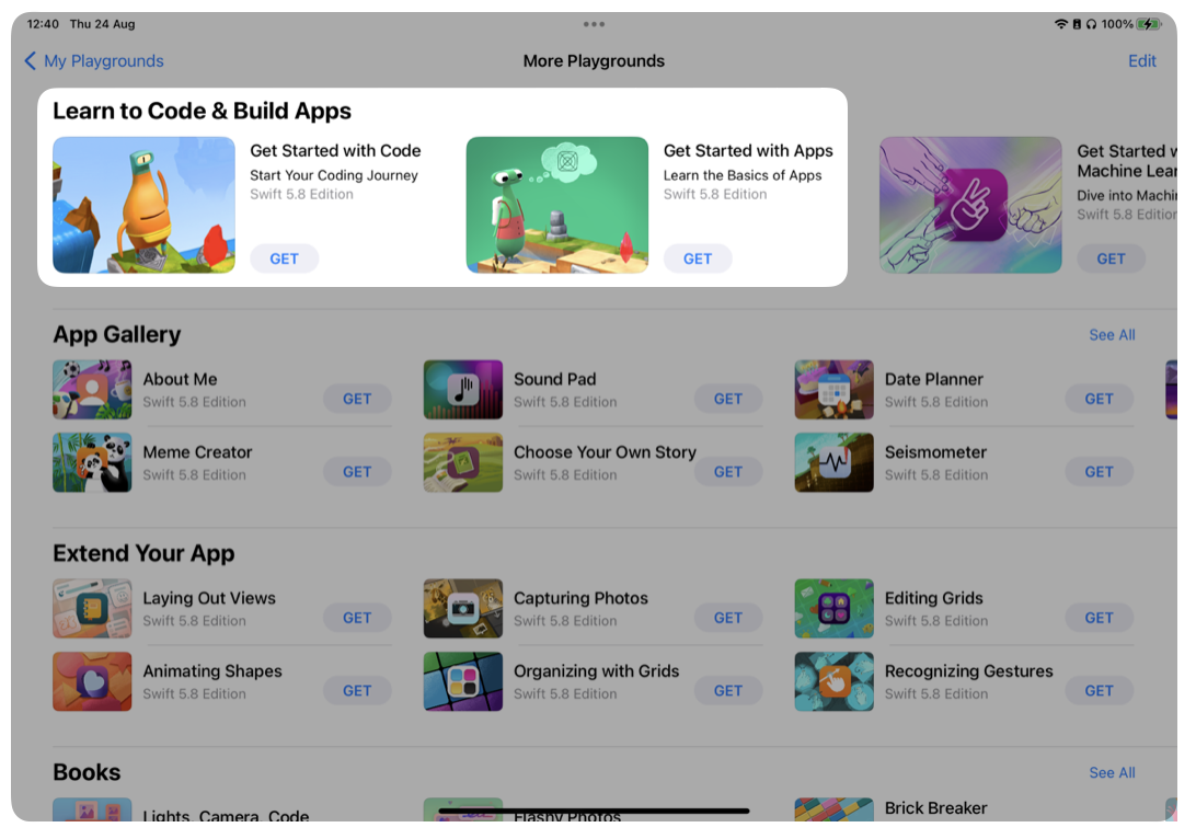 Swift Playgrounds app with Get Started With Code and Get Started With Apps highlighted