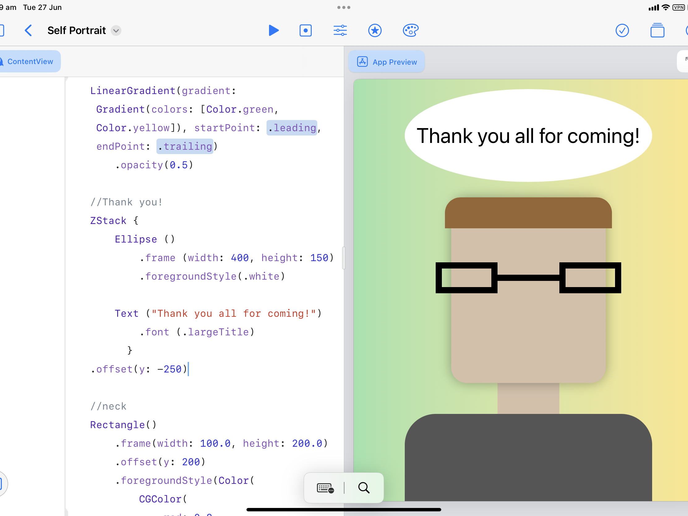 A screenshot of Swift Playgrounds, next to pic of a man wearing dark framed glasses, with the text "Thank you all for coming