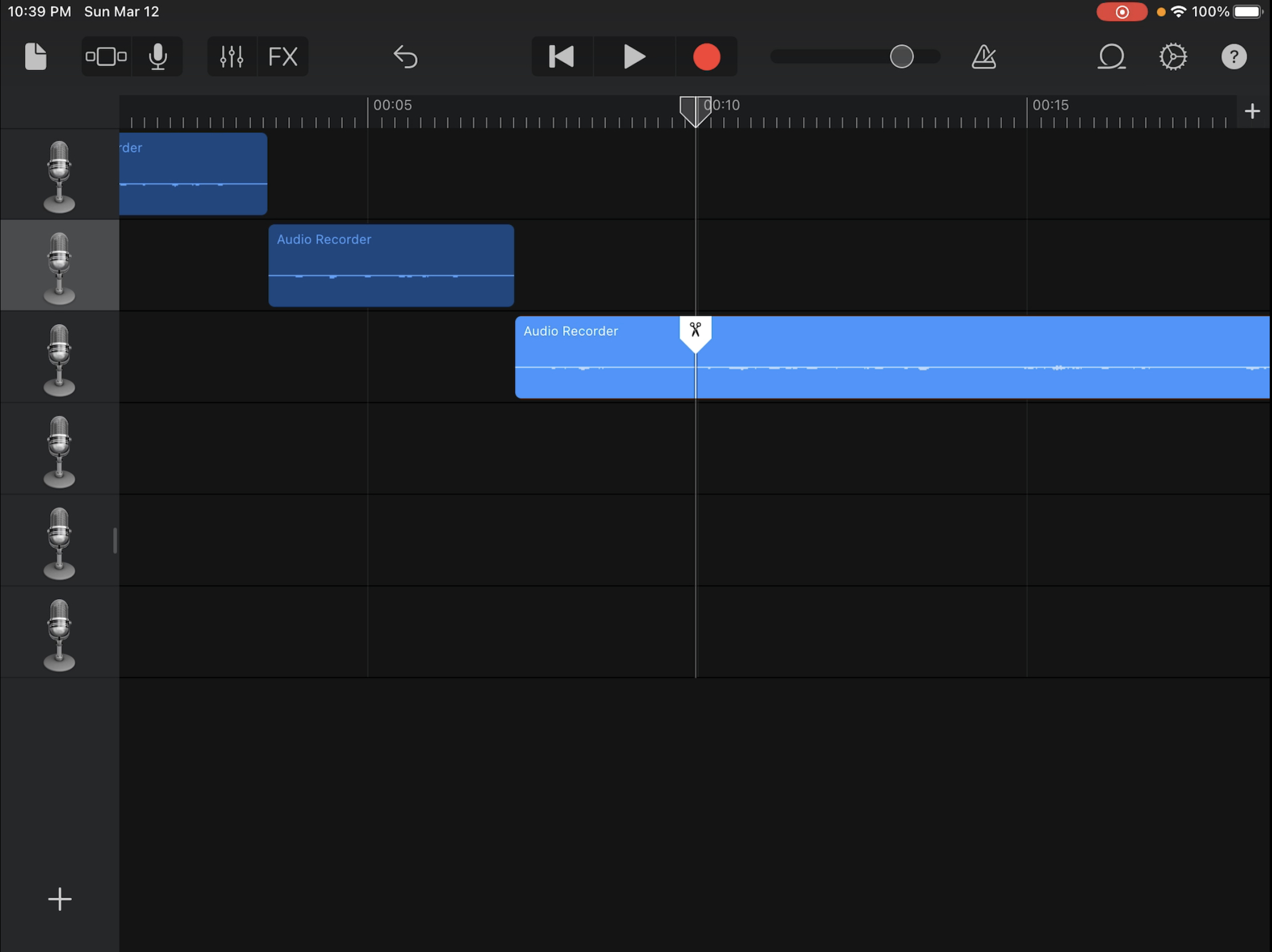 Screenshot of splitting a track in GarageBand on iPad.