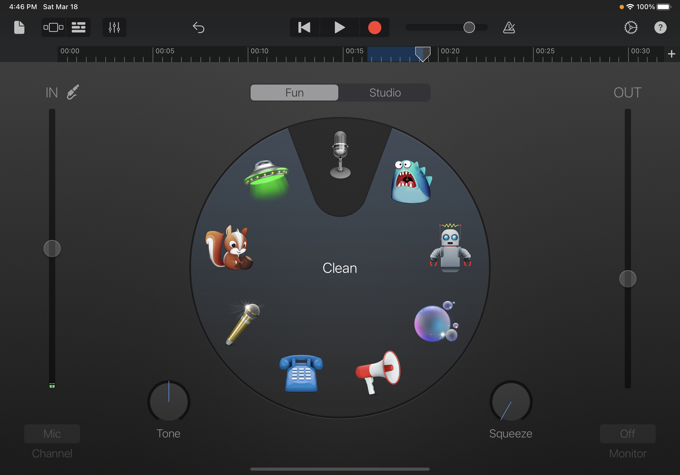 Screenshot of voice effects in GarageBand on iPad.