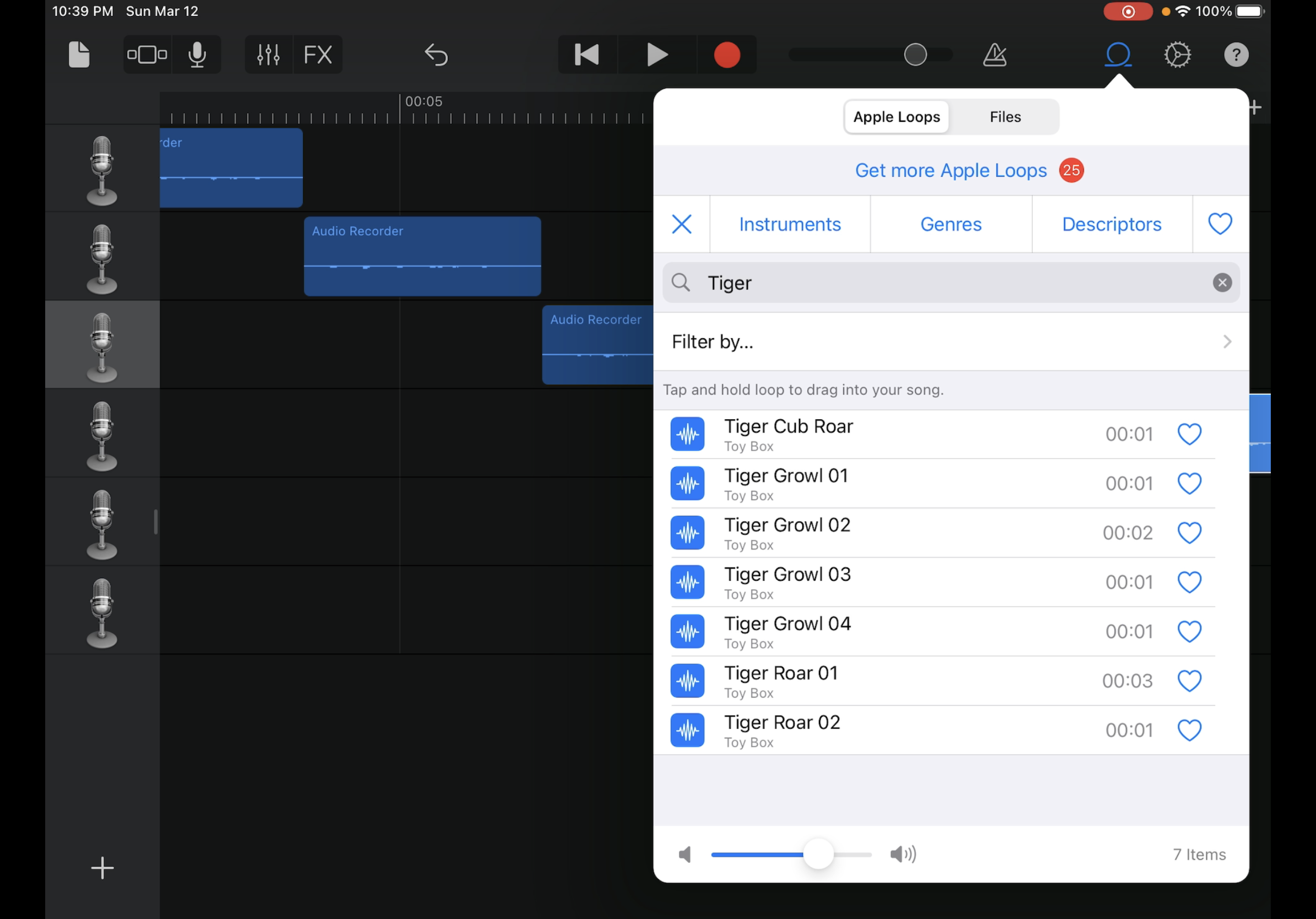 Screenshot of searching Loops in GarageBand on iPad.
