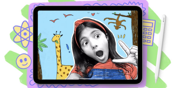 Pop art picture of a girl flashing the peace sign and light blue background with drawn monkey and giraffe.