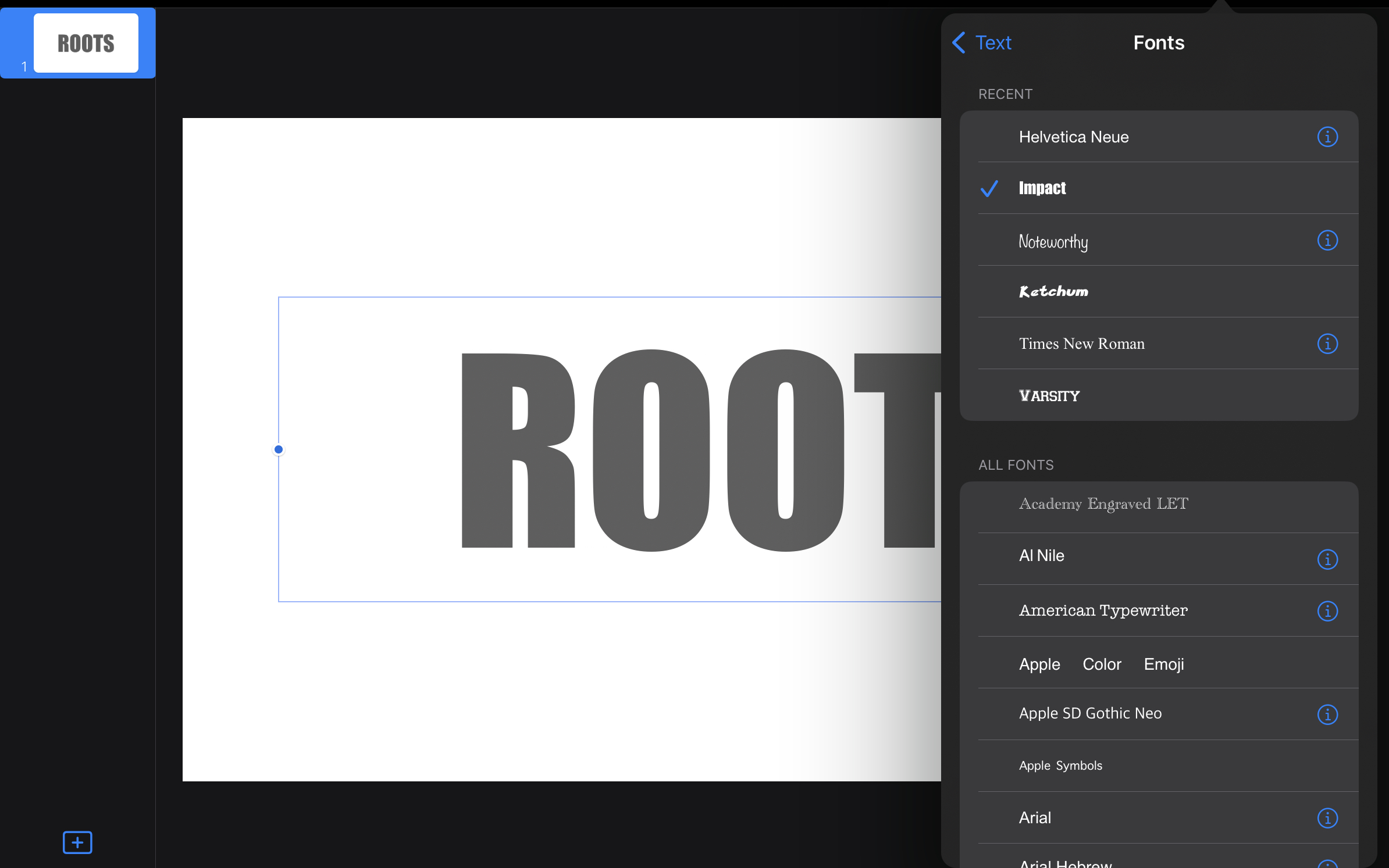 Screenshot showing the word root in all caps being set to the Impact font in Keynote.