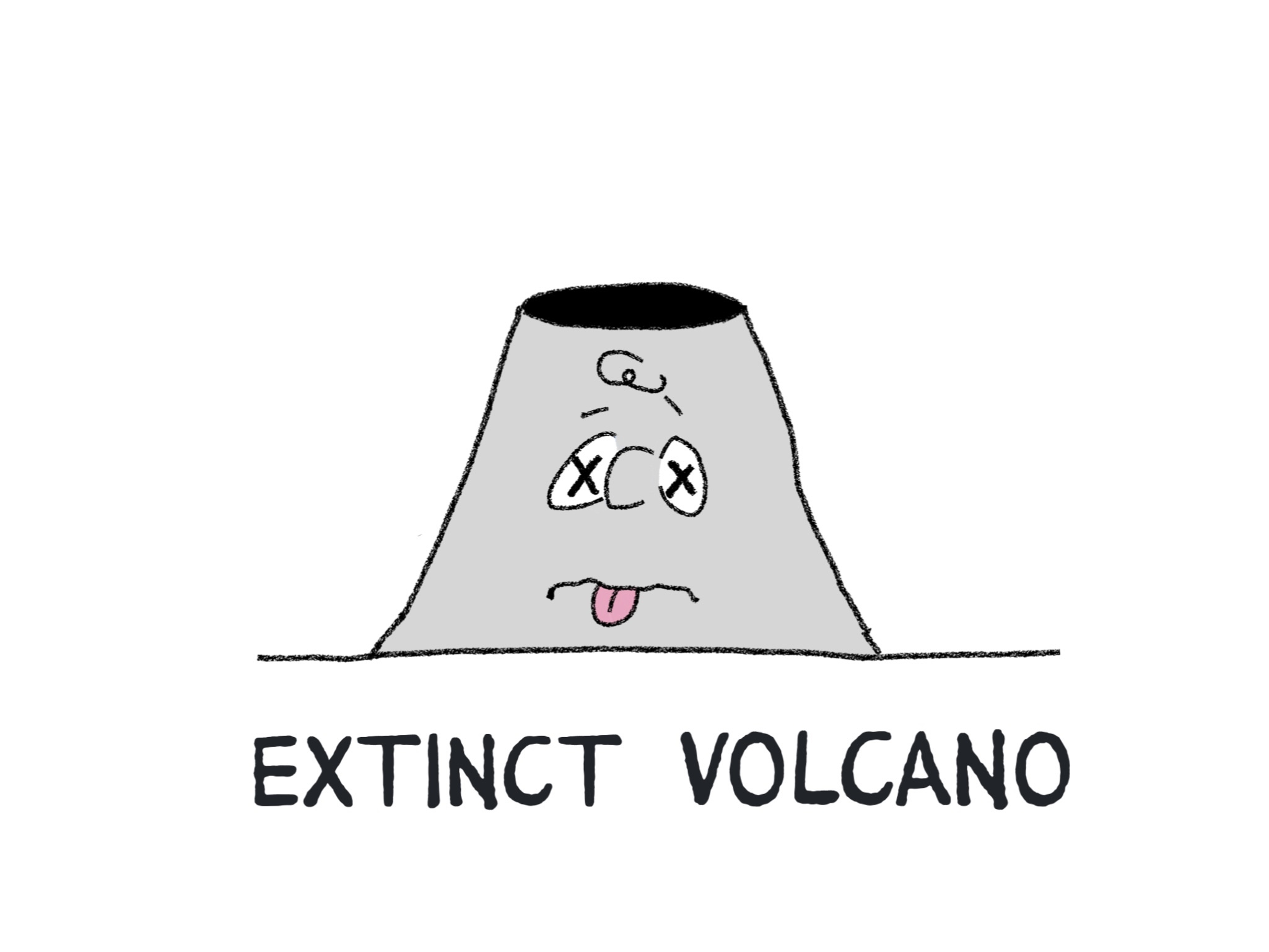 A cartoon extinct volcano, drawn in the style of the Peanuts TV show with Apple Pencil on iPad.