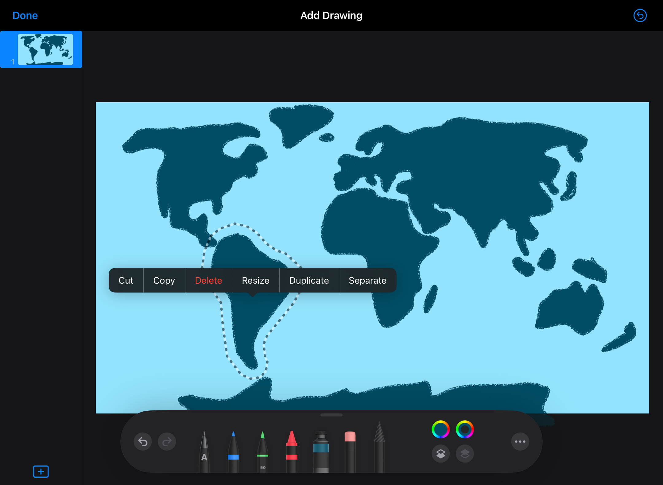Keynote slide with a drawing of the continents. Selection Tool is used to select a continent, with an option to separate it. 