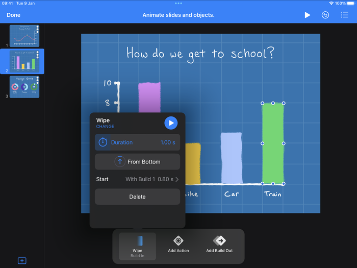 Screenshot from Keynote for iPad. A bar from a hand-drawn chart in an infographic is highlighted with animation settings open