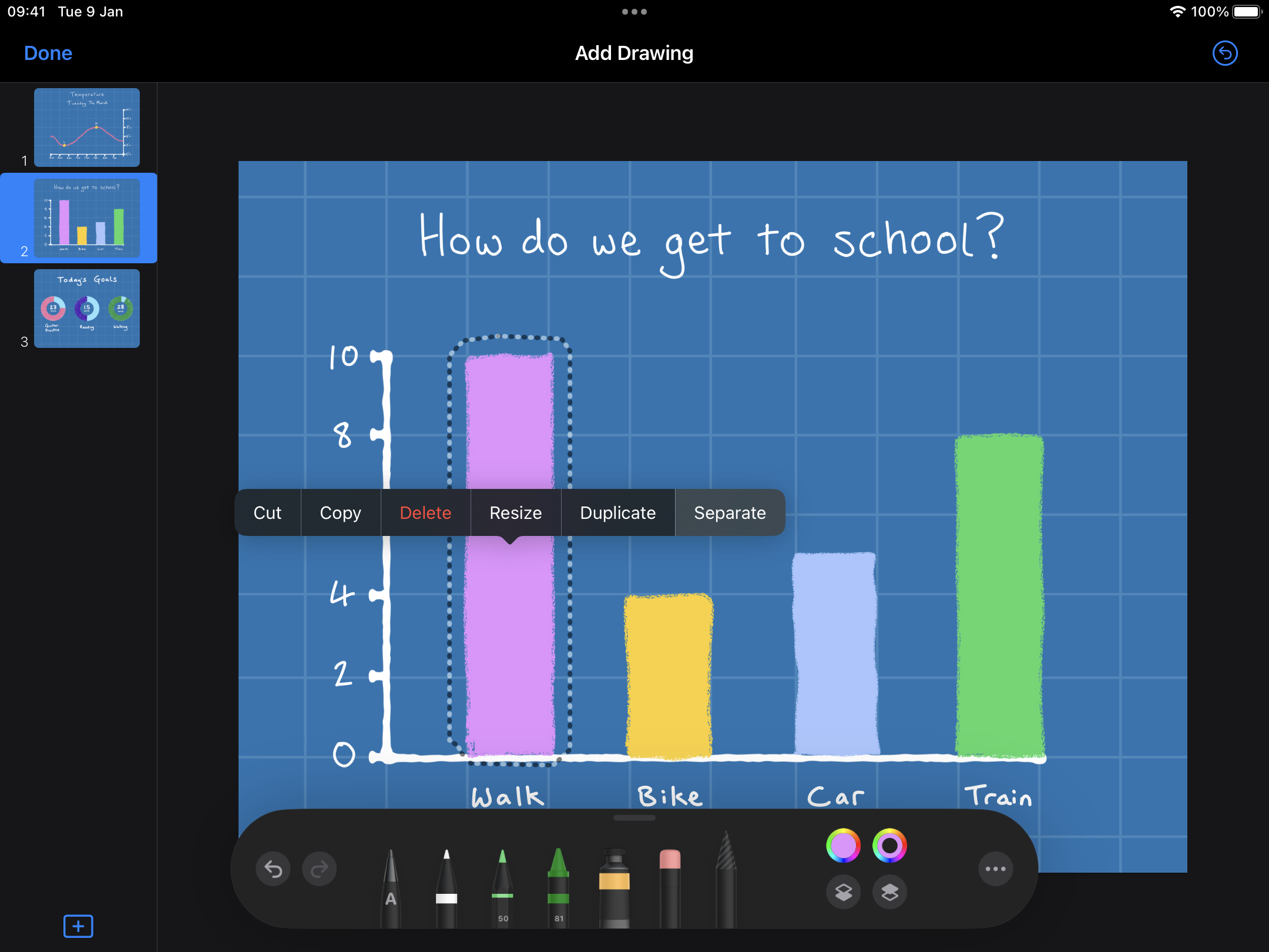 Screenshot from Keynote for iPad with hand-drawn infographic. A data bar from a chart has been selected with the lasso tool. 