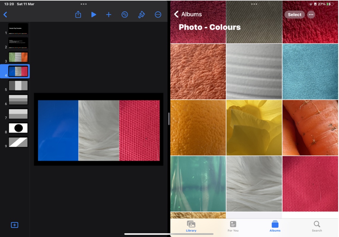 Screenshot displaying split screen. A Keynote flag shape on one side opposit an album in Photos containing the color photos