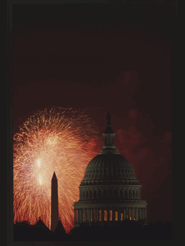 Fireworks lighting up the night sky near the U.S. Capitol and Washington Monument, Washington, D.C. - Library of Congress