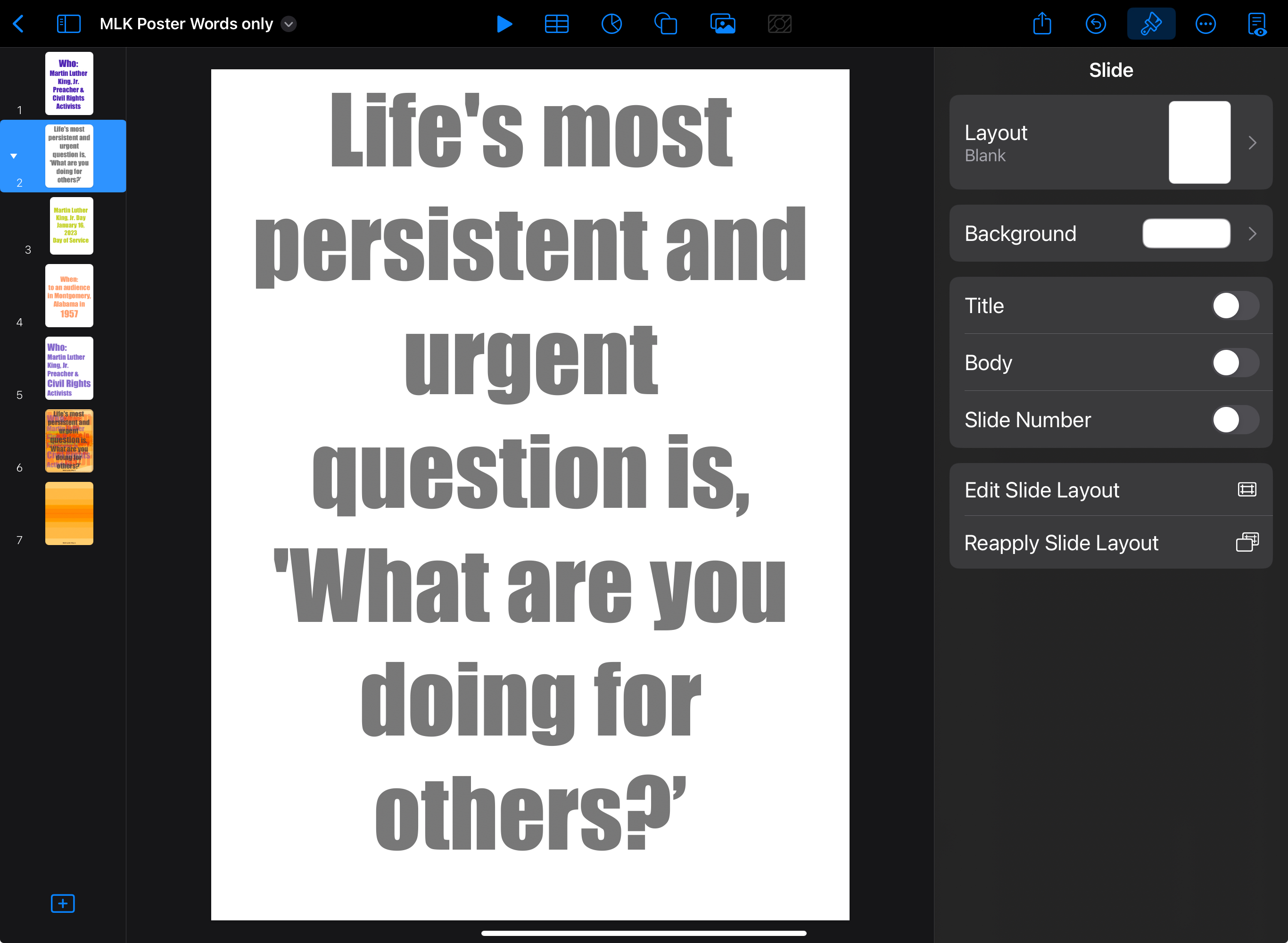 Screen shot of Keynote with Martin Luther King Jr. quote.