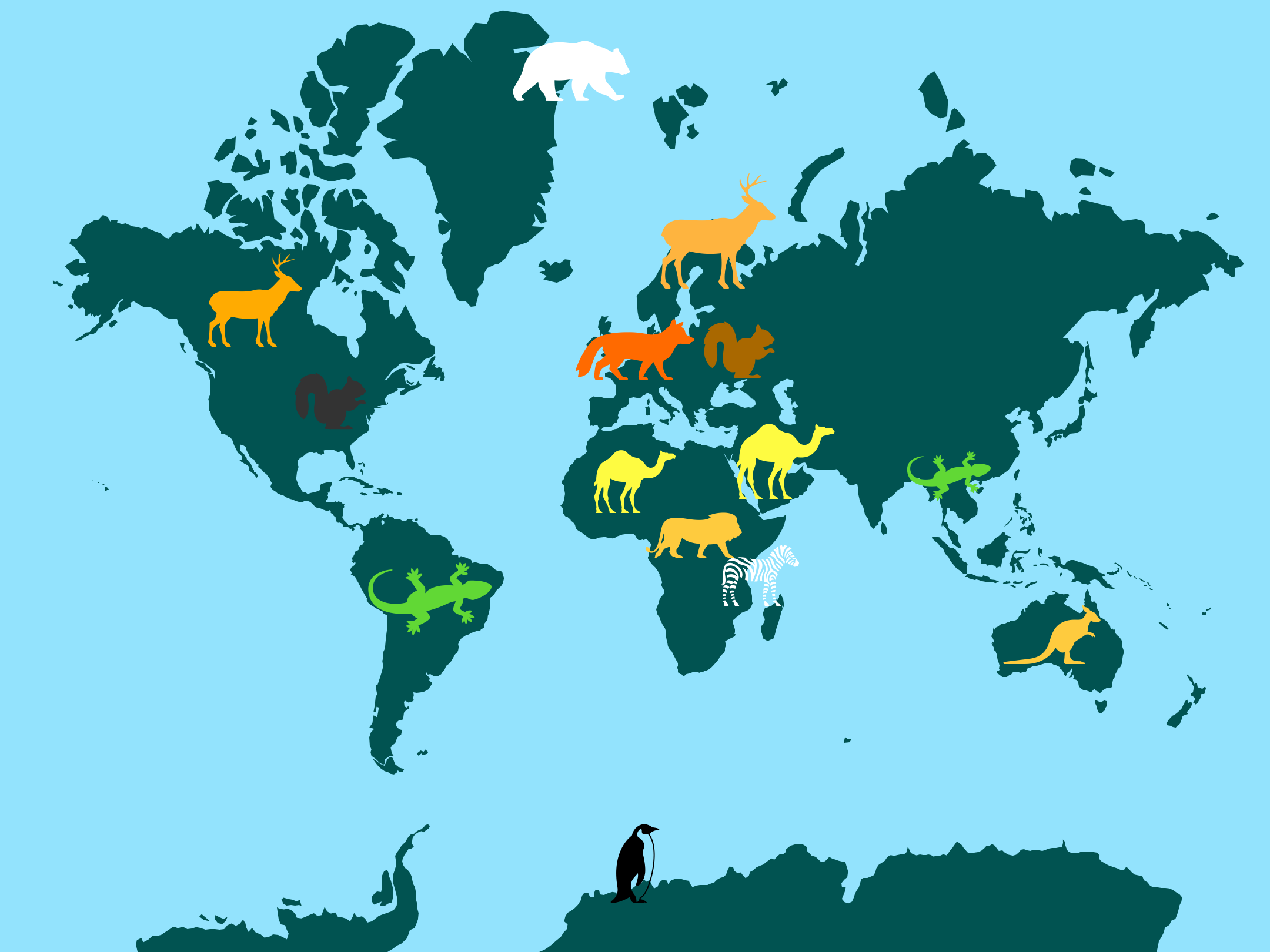 Map of Earth. Various animals in different colours (not to scale) are placed in locations where they are found in the wild. 