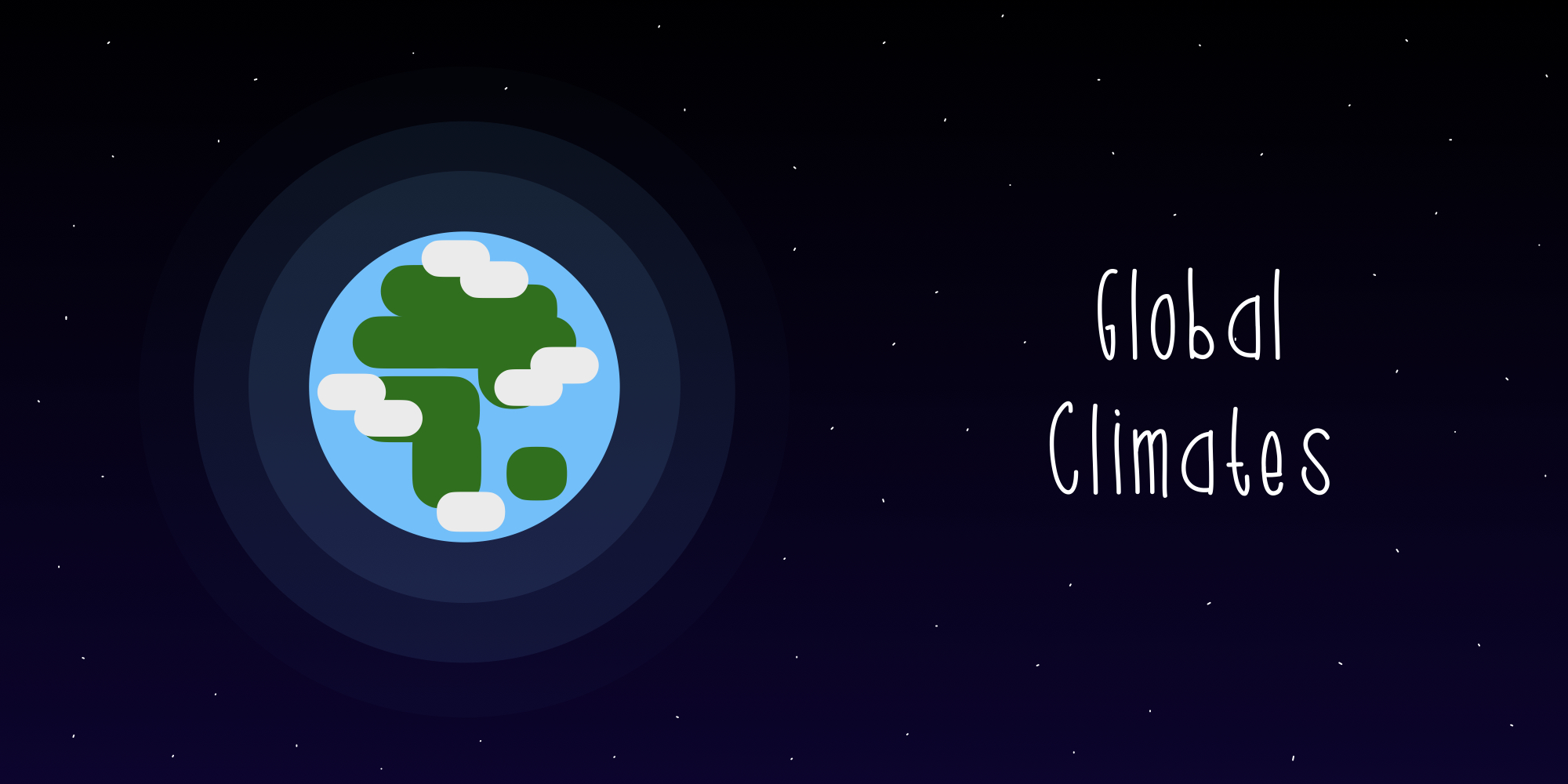Stylised cartoon-like Earth, left of centre, against a dark blue space background. Text on right reads ‘Global Climates’.