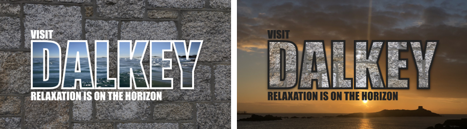 Two images with text reading ‘Visit Dalkey. Relaxation is on the Horizon’ with a variety of backgrounds and text fills. 