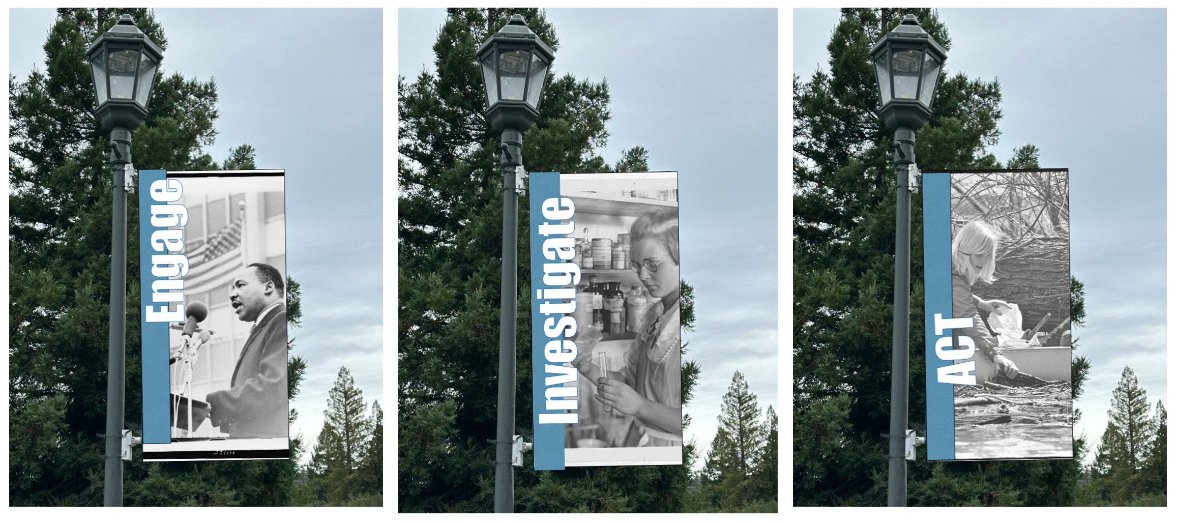 Lamp post banner - includes 3 primary sources each on a separate lamp post banner
