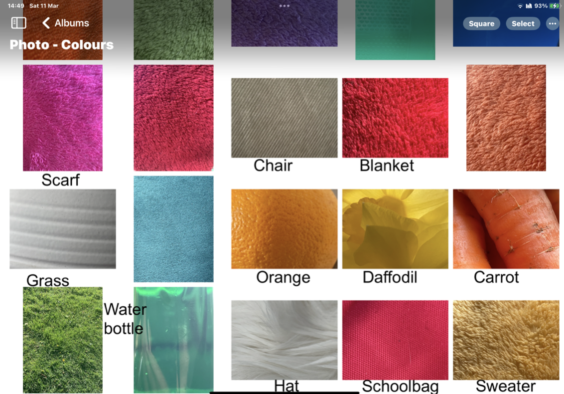 This image shows an album on an iPad containing close up images of different coloured fabrics and items.