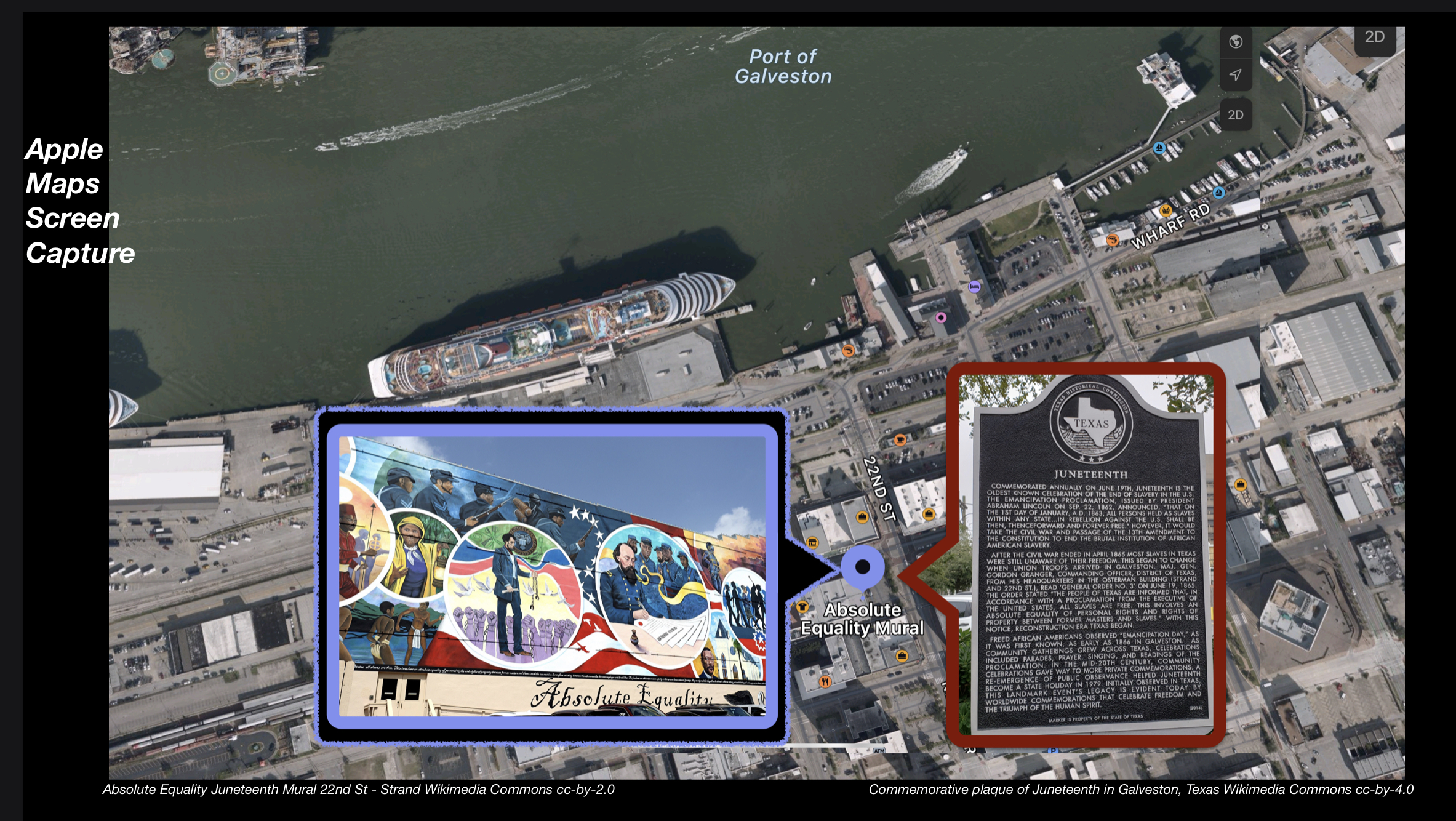 Apple Maps screen shot of location of announcement of the Emancipation Proclamation in Galveston Texas.